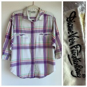 Diane von Furstenberg Vintage 1980s 3/4 Sleeve Plaid Button Down Shirt in Purple
